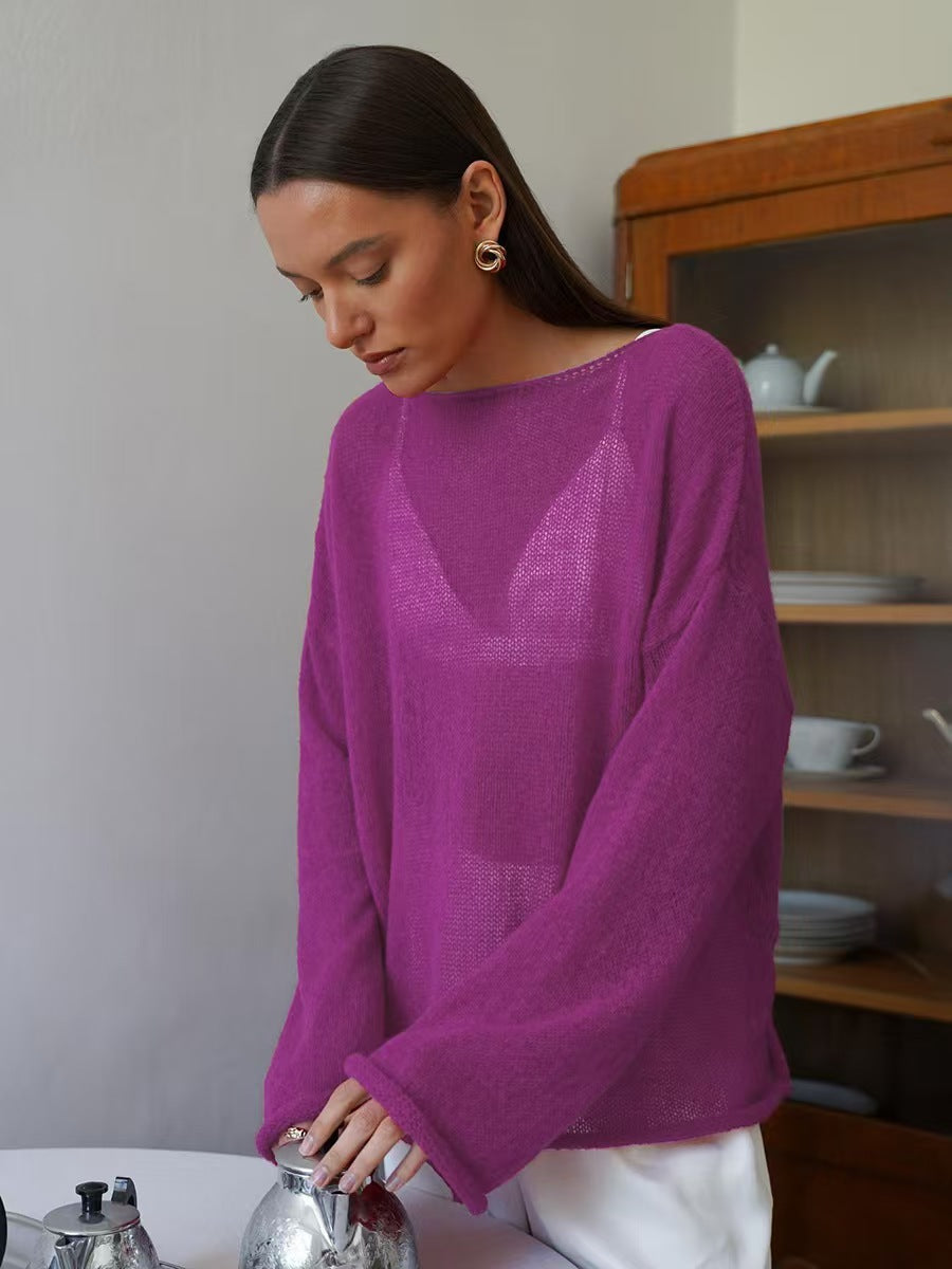 Round neck flared sleeve knitted top