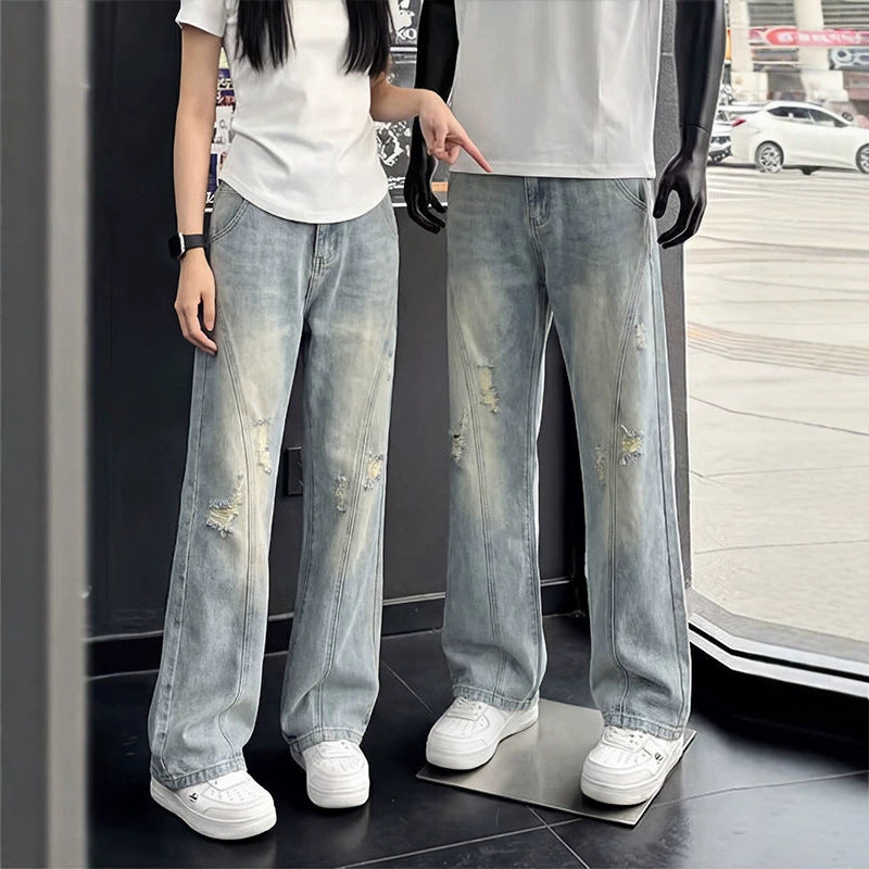 Men's Stylish Washed Vintage Casual Fashion Jeans, Cool and Versatile Blue Streetwear Wide-leg Pants, Export Foreign Trade