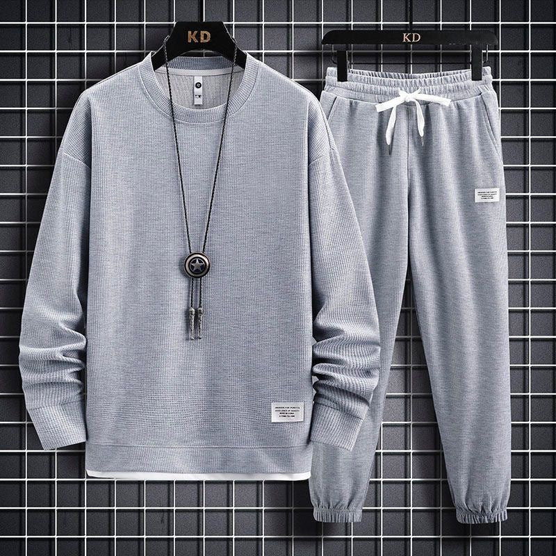 Men's Waffle Knit Casual Long Sleeve Long Pants Two-Piece Set