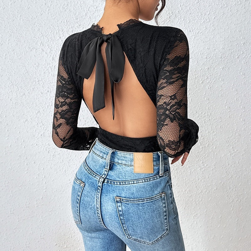 Long Sleeve Backless Cutout Black Women's Bodysuit