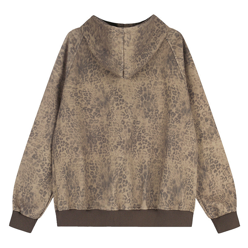 Brown toned leopard print red stripe hooded jacket for women