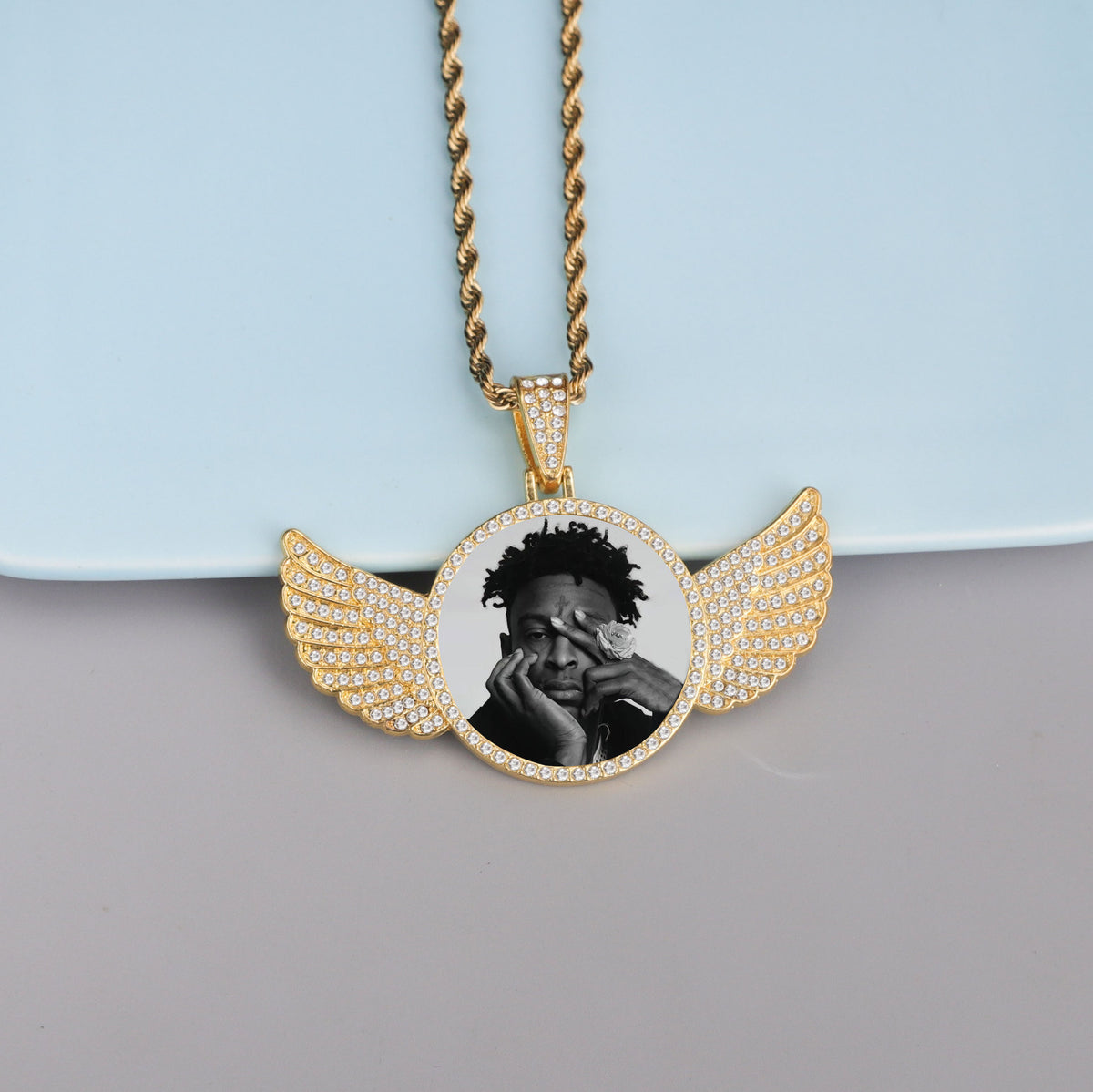 Custom-Made, Ships in 1-2 Days diamond studded hip-hop memory angel wings circular photo pendant frame necklace