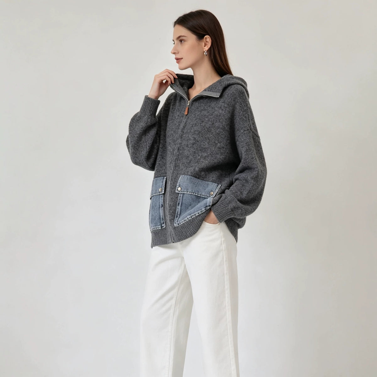 Hooded zipper loose cardigan sweater for women