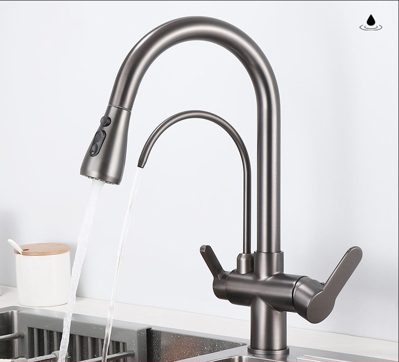 Antique brass three in one pure water direct drinking faucet, kitchen sink, pull-out faucet, hot and cold