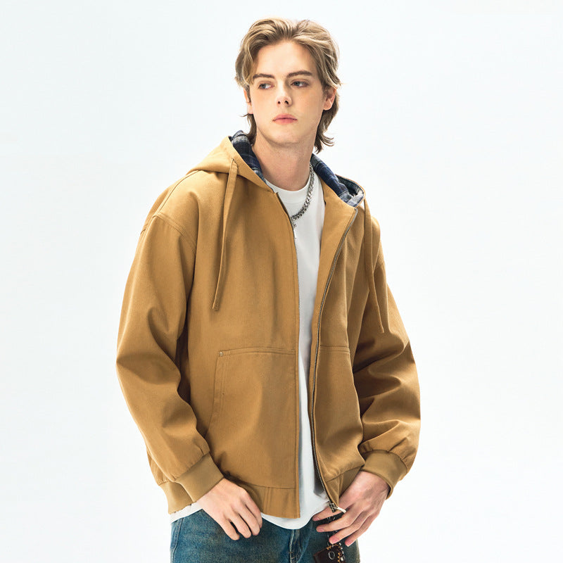 Men's  Retro Distressed Washed Canvas Hooded Padded Jacket Open Front Long Sleeve Coat