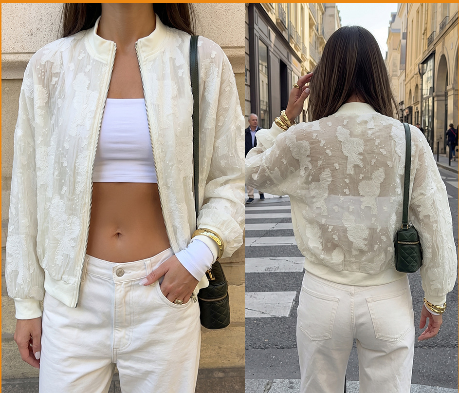 Stand up collar zipper see through long sleeved jacket