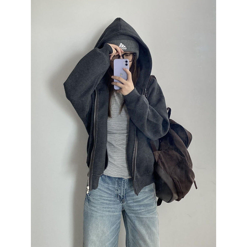 Women's Vintage Hooded Baseball Cardigan Sweatshirt Jacket Loose Casual
