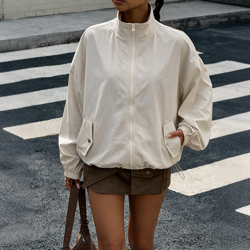 Adjustable drawstring loose stand neck windbreaker for women