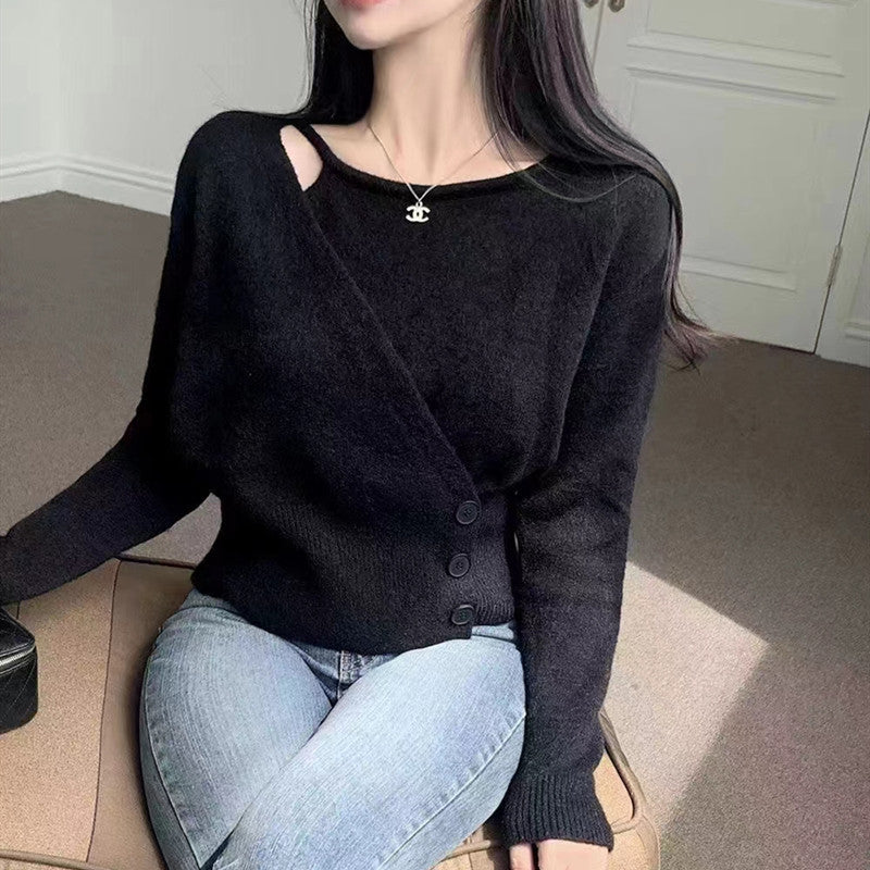 Irregular three button knit long sleeved sweater for women