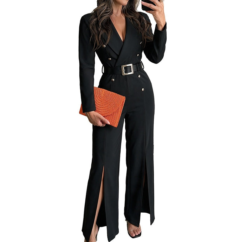 Women's High Waist Split Jumpsuit with Belt Casual Office Wear