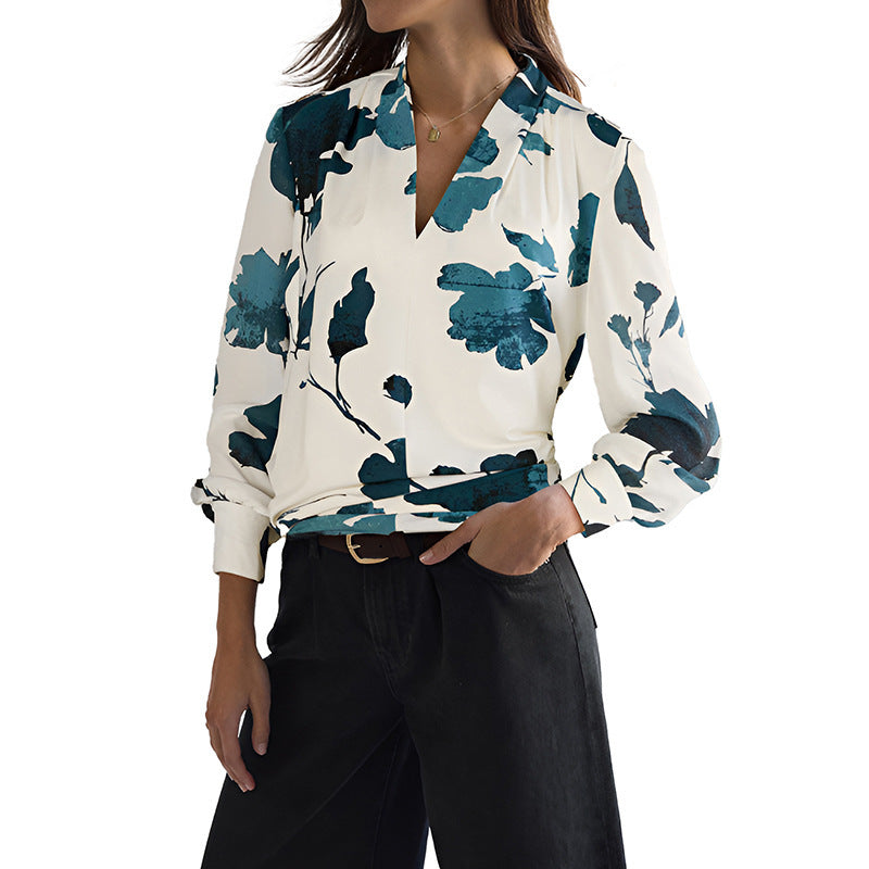 Floral Print Long Sleeve V-Neck Shirt