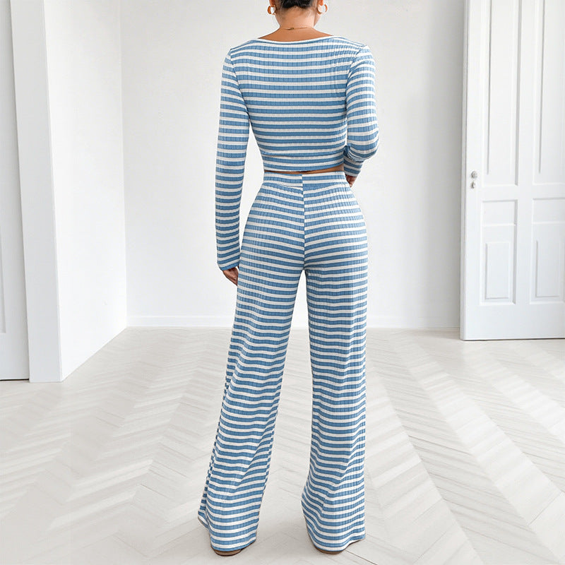 Women's Striped Long Sleeve Crop Top and Slim Fit Casual Sporty Pants Two Piece Set