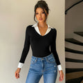 Y2K Black White Color Block Lapel Patchwork Fake Two-Piece Jumpsuit