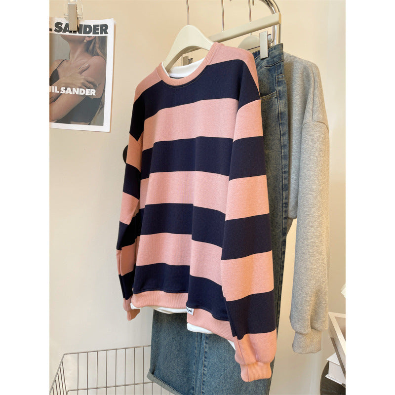 Women's Casual Striped Hoodie - Round Neck Long Sleeve Loose Fit Sweater Top