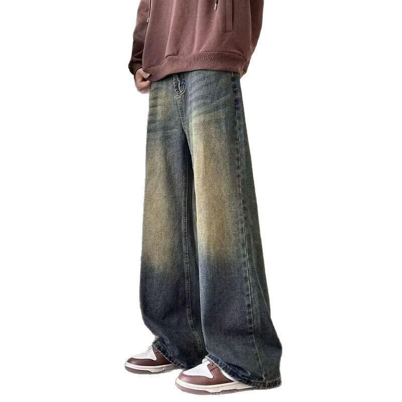 Vintage Denim Pants Men Washed Wide Leg Retro Distressed Loose Straight Leg Long Trousers