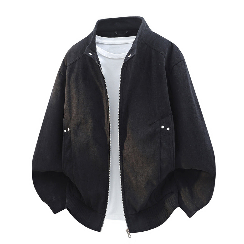 Old Money Style Faux Suede Men's Jacket Stand Collar Loose Fit with Rivet Details