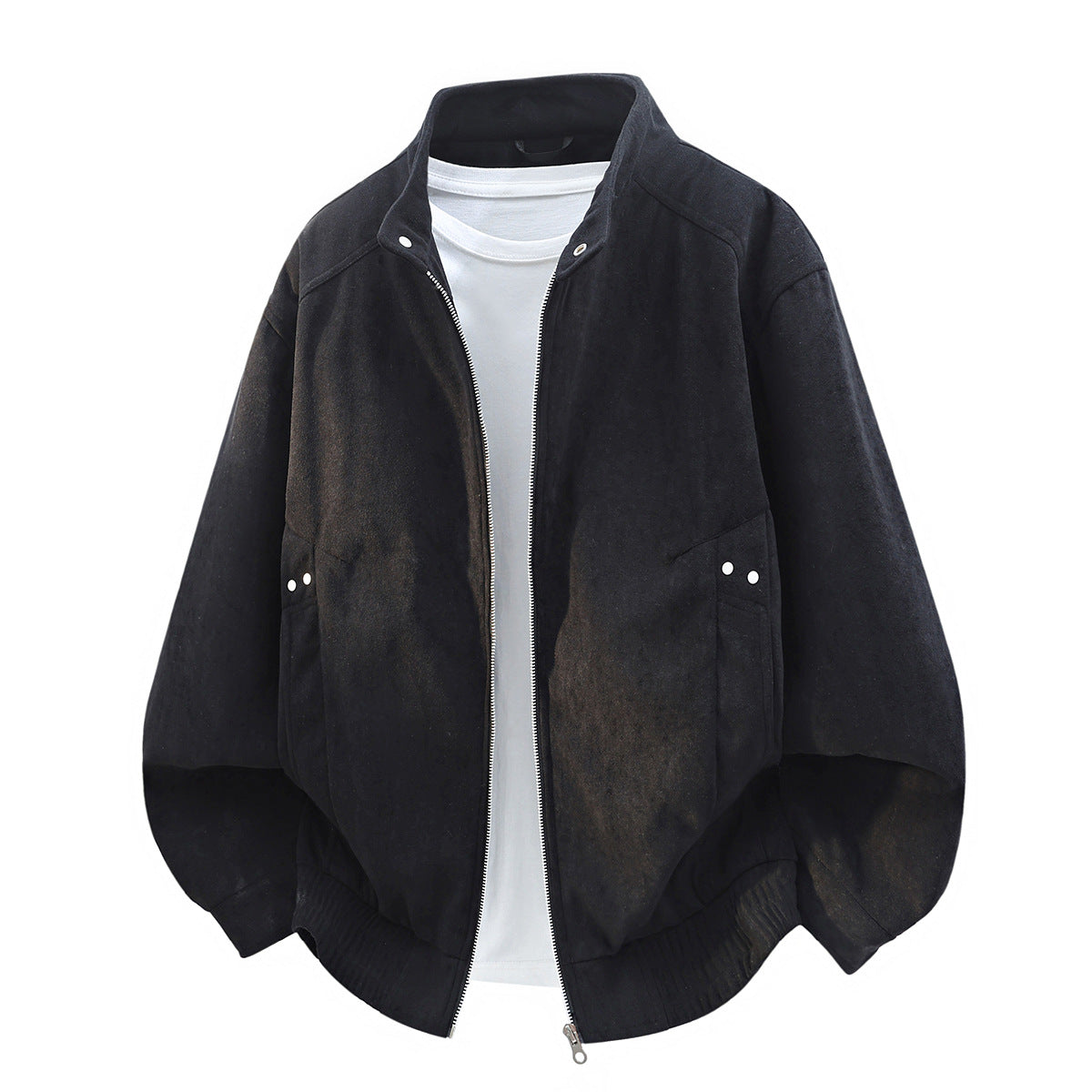 Old Money Style Faux Suede Men's Jacket Stand Collar Loose Fit with Rivet Details