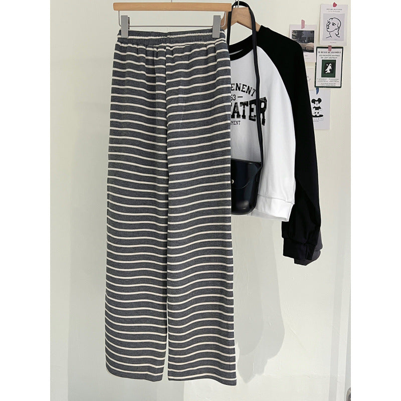 Women's Casual Color-Block Stripe High Waist Wide Leg Straight Pants