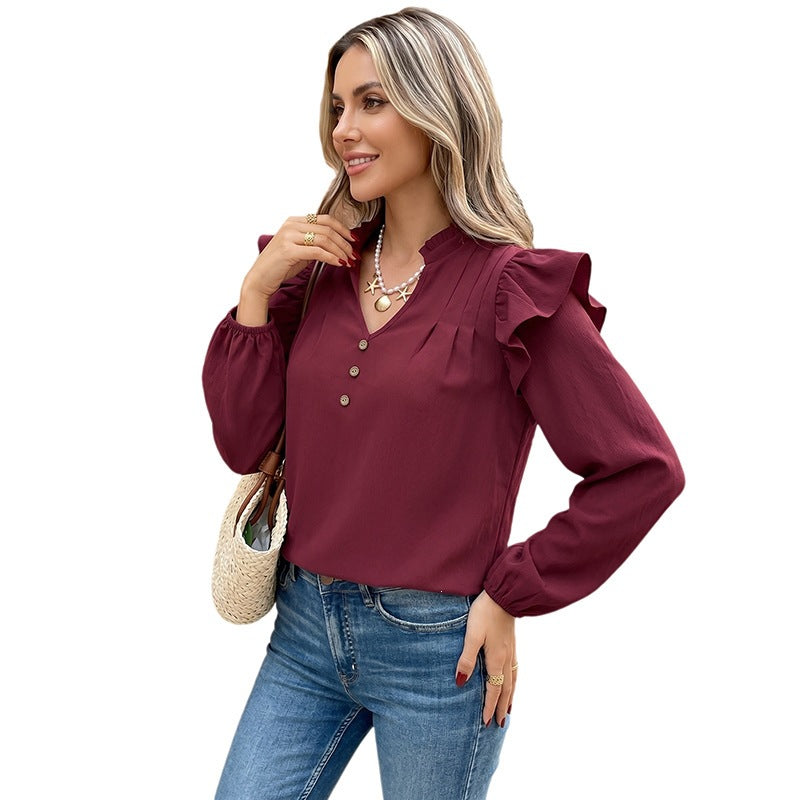 Ruffled Long Sleeve V-Neck Blouse