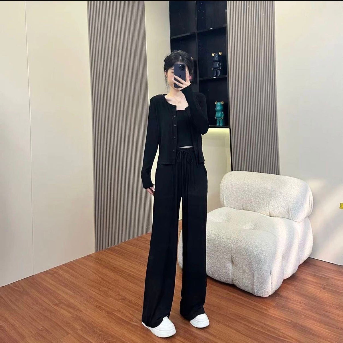 Autumn Lightweight Activewear Set, Casual Fashionable Loose Wide-Leg Pants with Cardigan Jacket, 3-Piece Women's Outfit