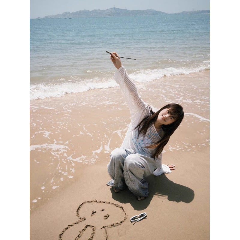 Loose Star Print Long Sleeve Off-Shoulder T-Shirt
