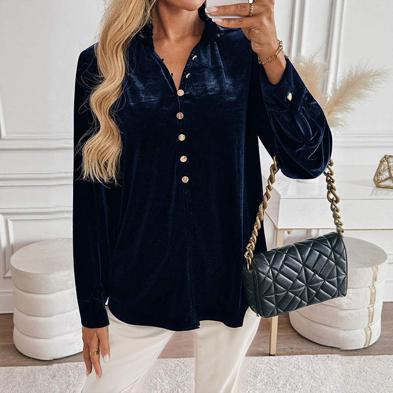 Solid Color Long Sleeve V-Neck Velvet Shirt for Women