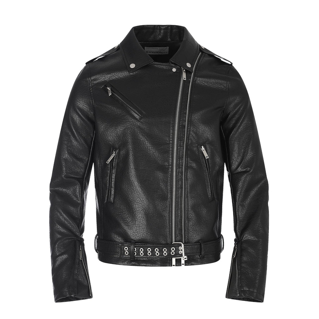 Vintage Slant Zipper Stud Belt Slim Fit Short PU Jacket