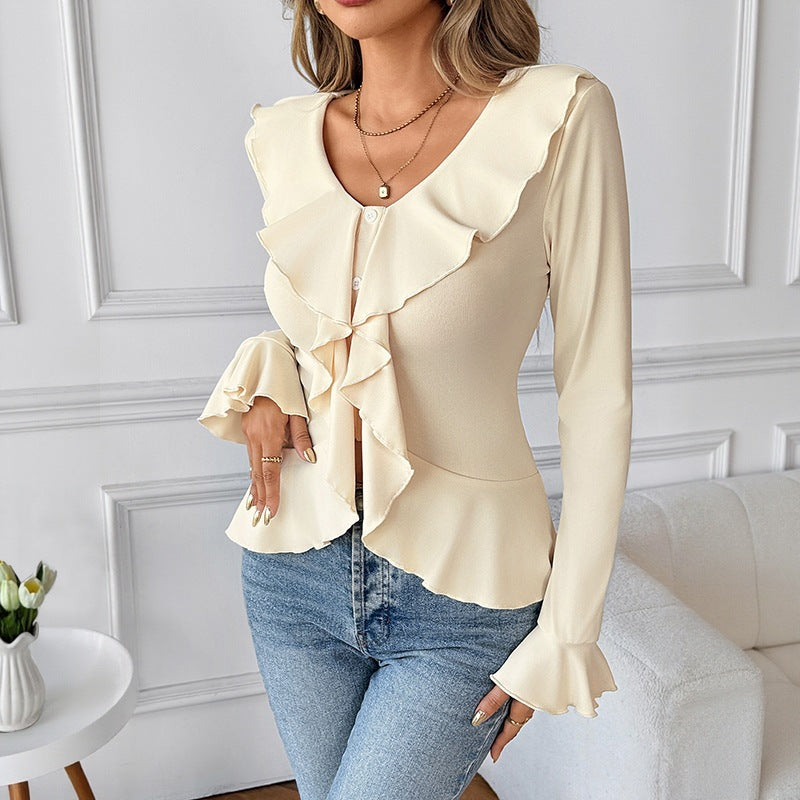 Women's Solid Color V-Neck Ruffle Slim Fit Casual T-Shirt