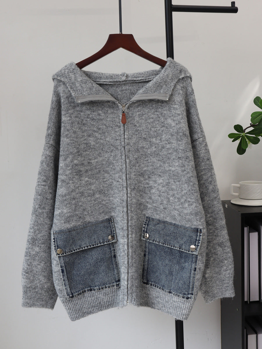 Hooded zipper loose cardigan sweater for women