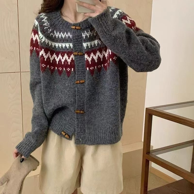 Cow horn buckle lazy style sweater cardigan jacket for women