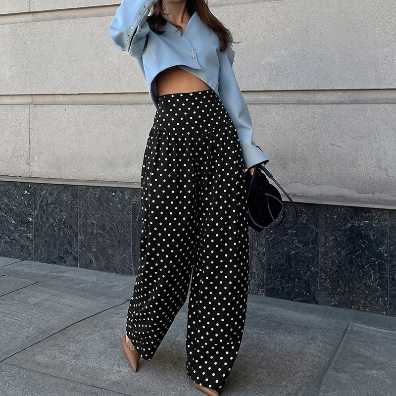Sweet Cool Vintage Polka Dot High Waist Loose Wide Leg Gathered Casual Pants for Women