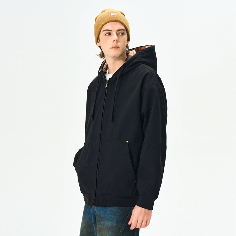 Men's  Retro Distressed Washed Canvas Hooded Padded Jacket Open Front Long Sleeve Coat