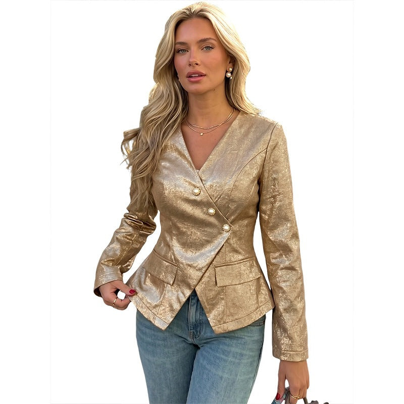 Asymmetrical Long Sleeve V-Neck Slim Fit Women's Blazer