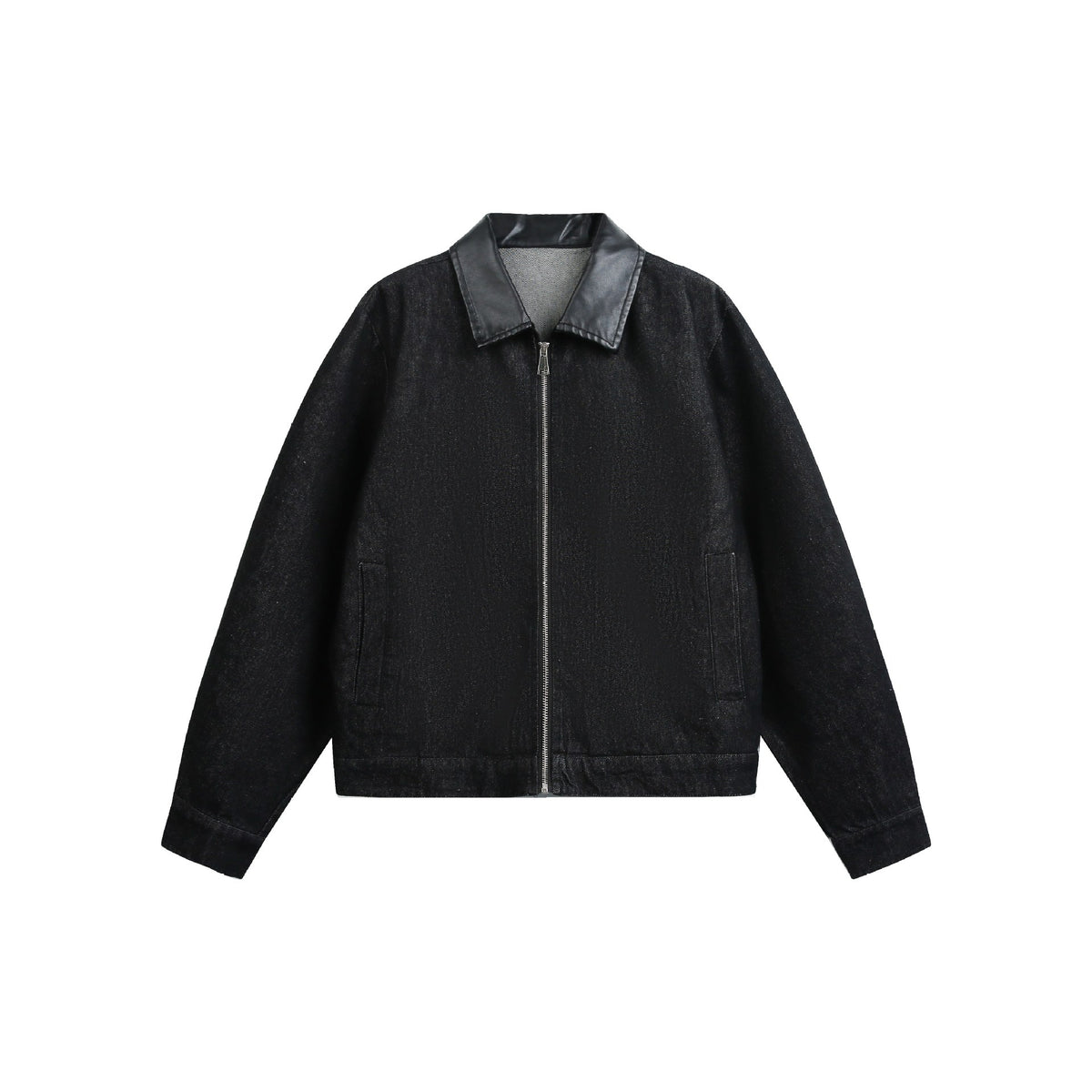 PU Leather Patchwork Burnout Denim Jacket for Men with Turn-down Collar