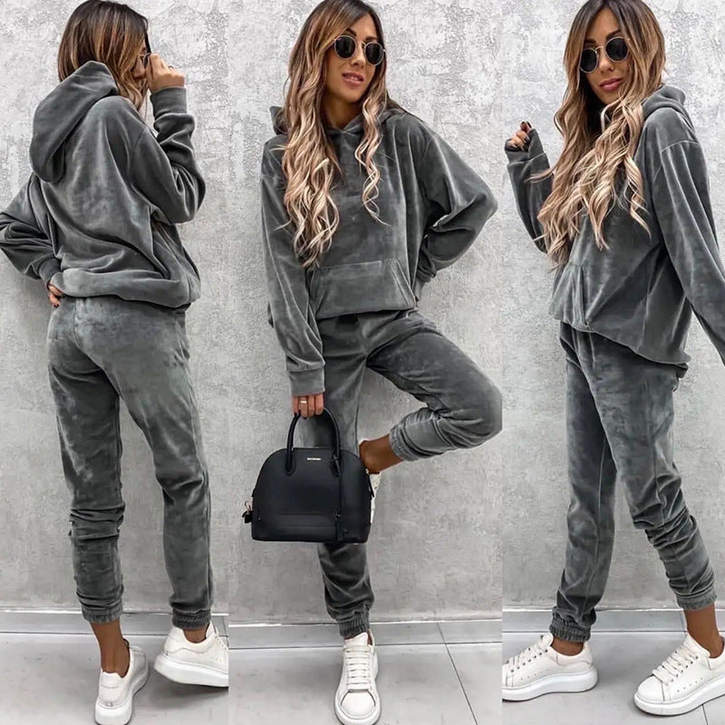 Women's Set Solid Color Hooded Sweatshirt and Sports Long Pants  Two-Piece Set