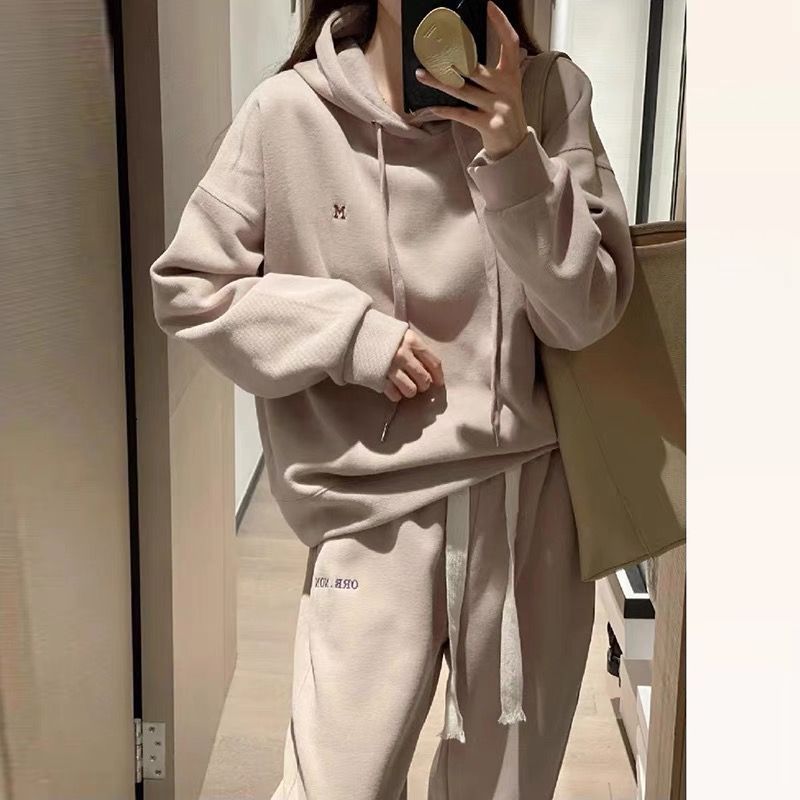 Fashionable  Women's Hoodie Set with Letter Embroidery and Casual Cuffed Pants, Two-Piece Outfit