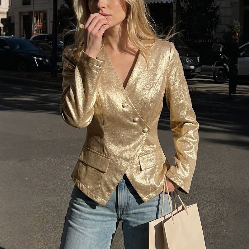 Asymmetrical Long Sleeve V-Neck Slim Fit Women's Blazer