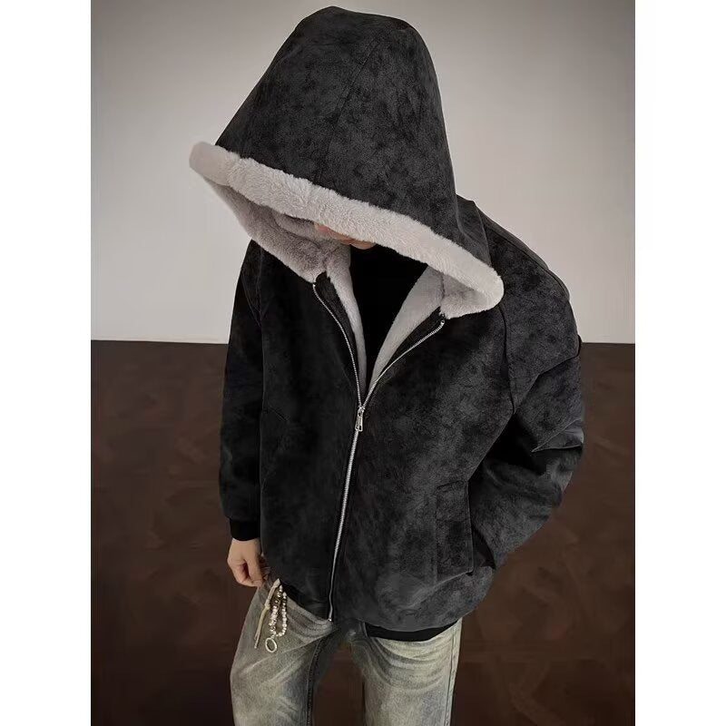 Leather Rabbit Fur Plush Fleece Lined Jacket Unisex Winter Thickened Warm Outerwear