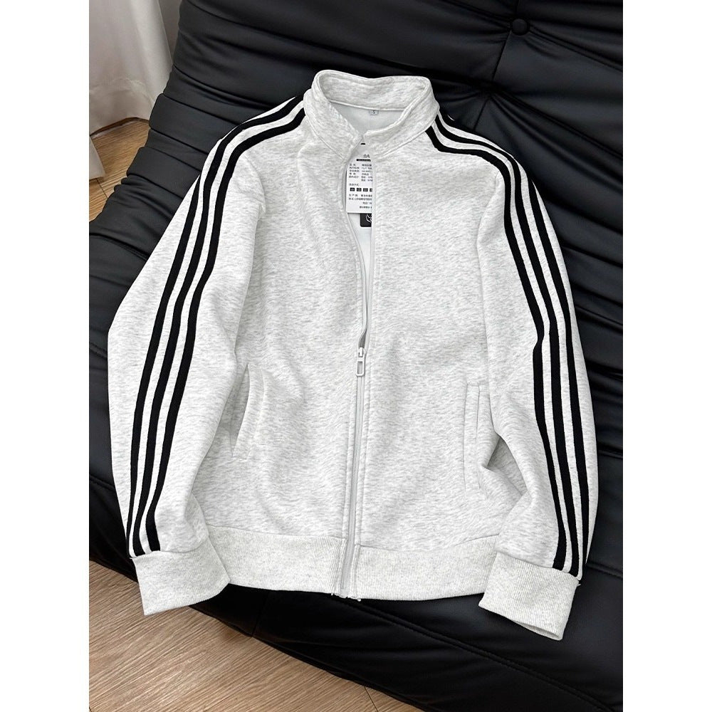 Men's Vintage Color Block Striped Long Sleeve Zip-up Stand Collar Casual Jacket
