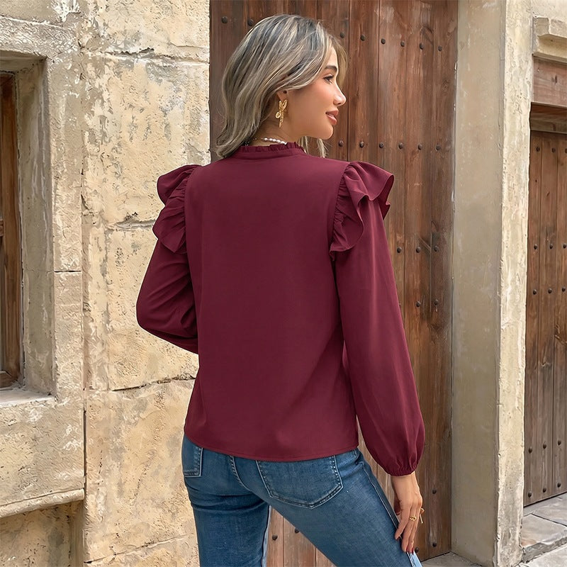 Ruffled Long Sleeve V-Neck Blouse