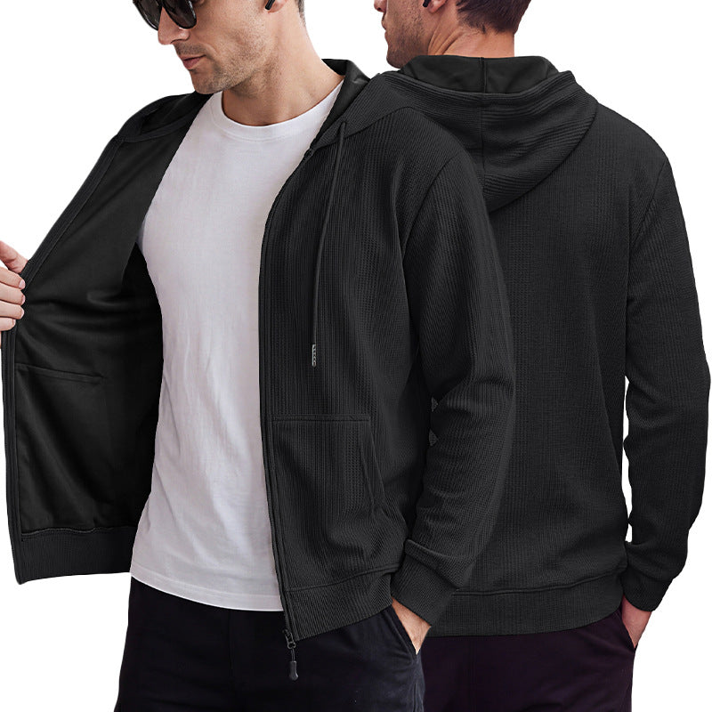 Men's Heavyweight Jacquard Waffle Hooded Loose Open Cardigan Sweatshirt