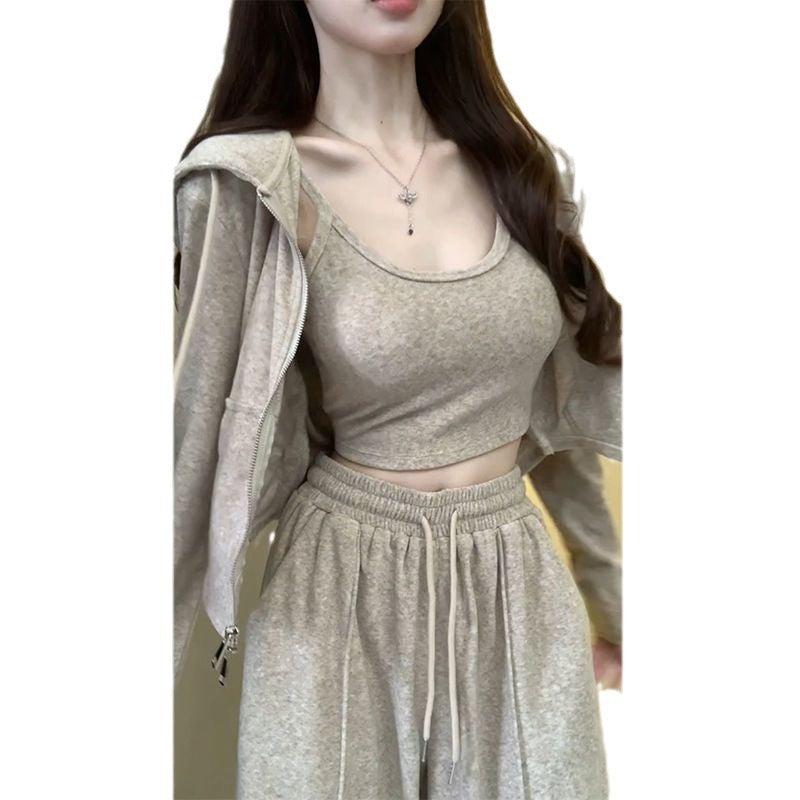 Spring and Summer New Fashion Set, Elegant Sexy Women's Crop Top, Long Sleeve Cardigan, High Waist Floor-Length Pants 3-Piece Set
