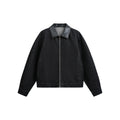 PU Leather Patchwork Burnout Denim Jacket for Men with Turn-down Collar