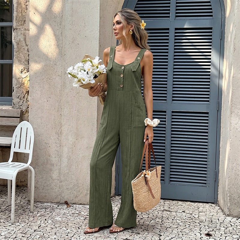 Women's Textured Sleeveless Open Back Strap Long Loose Jumpsuit