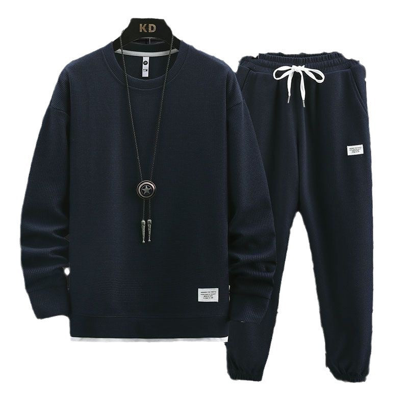 Men's Waffle Knit Casual Long Sleeve Long Pants Two-Piece Set