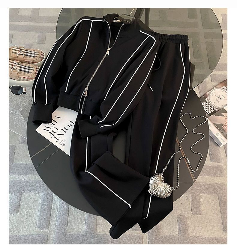 Fall Street-Style Sports Suit for Women, Fashionable Casual Youthful Zip-Up Hoodie Jacket and Wide-Leg Pants Two-Piece Set Trendy