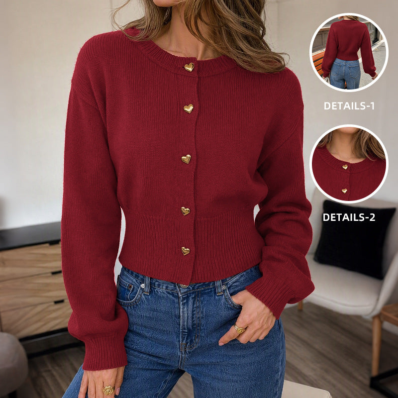 Red Christmas Heart Knit Cardigan for Women with Button Closure