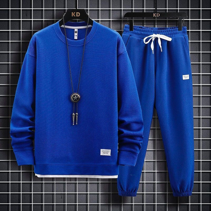 Men's Waffle Knit Casual Long Sleeve Long Pants Two-Piece Set