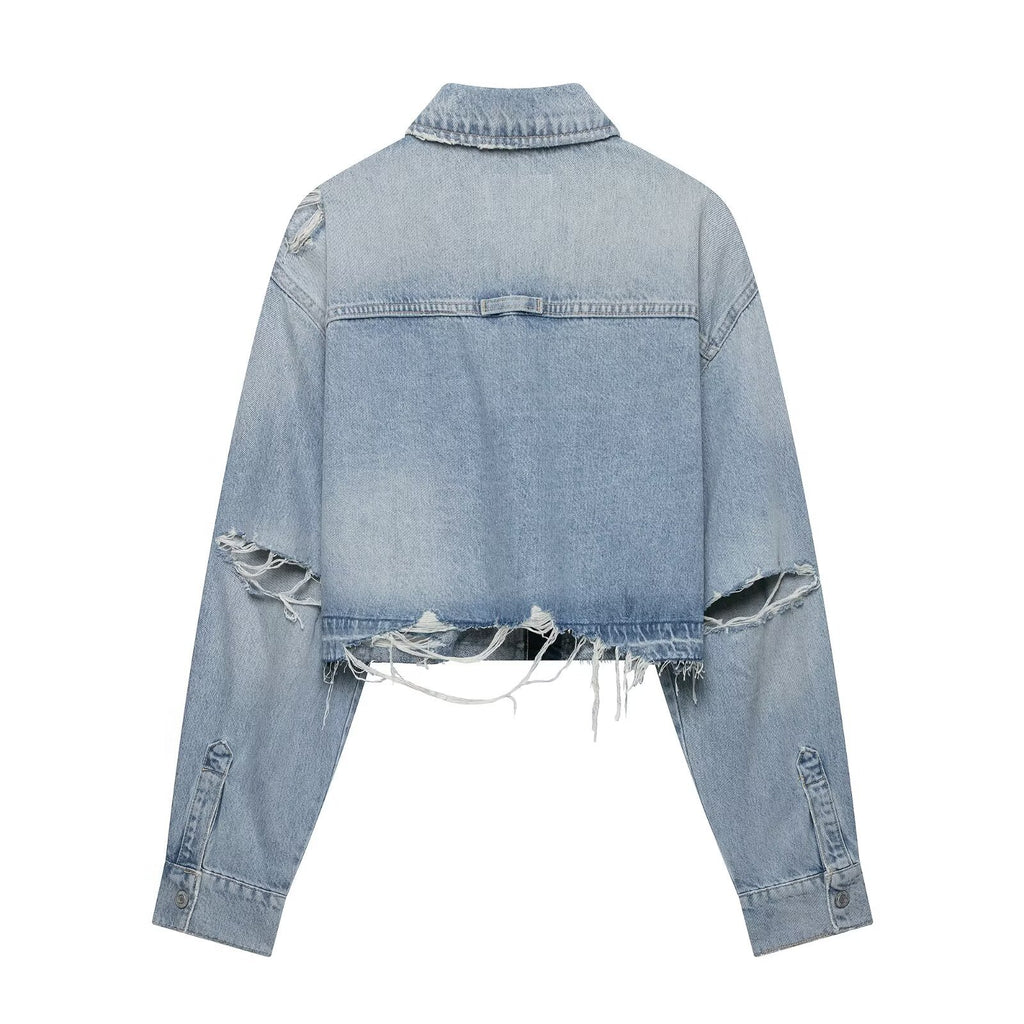 Collar denim long sleeved jacket