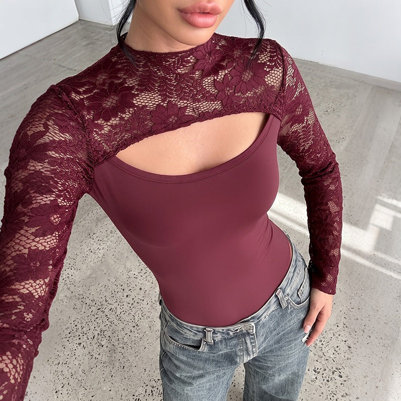 Women's Lace Long Sleeve Mock Neck Cut Out Sheer Spliced Jumpsuit
